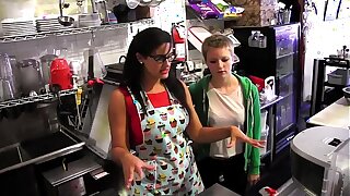 Young blonde Alani Pi has job bid as barista  at Penny Barber's  quick-service coffee shop