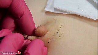 Chap Beautician Plucks Hair on Nipples be useful to Girl on Depilation and Massaging Tits In Peppery Latex Gloves